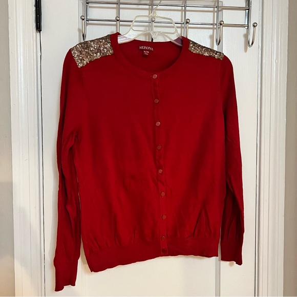 Red Cardigan with Sequin Shoulders - Picture 2 of 9